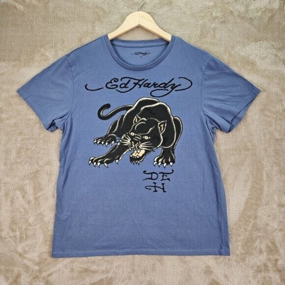 Ed Hardy Other - Ed Hardy T-Shirt Black Panther Graphic Spell Out Logo Short Sleeve Size L Blue